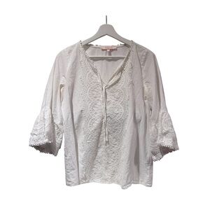 Women's White Lace-Front Peasant Blouse with Tie Neck